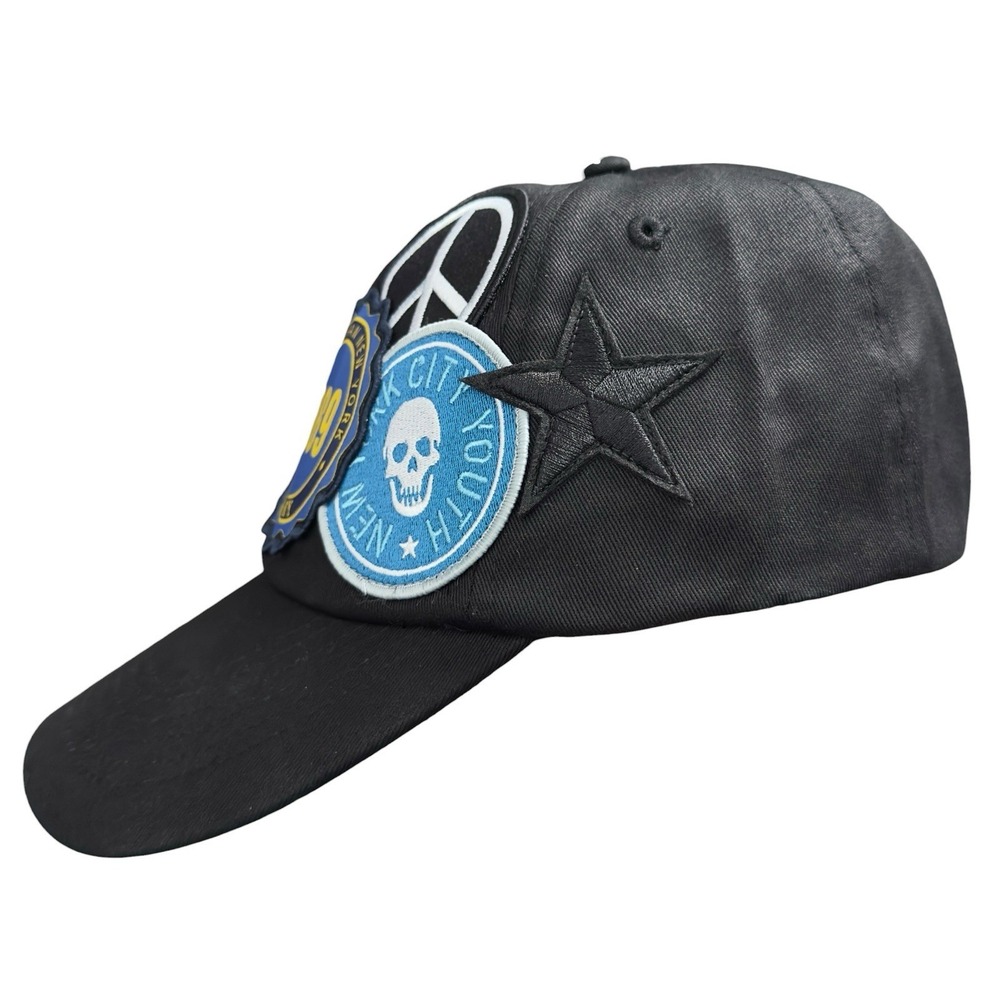 DKNY Donna Karen Patches 1989 Peace Skull Star New York City Strapback Black Hat - Picture 4 of 9